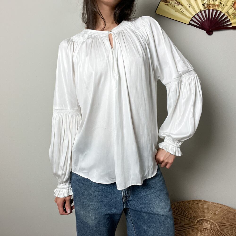 mango white minimalist flowy satin v neck boho chic blouse top